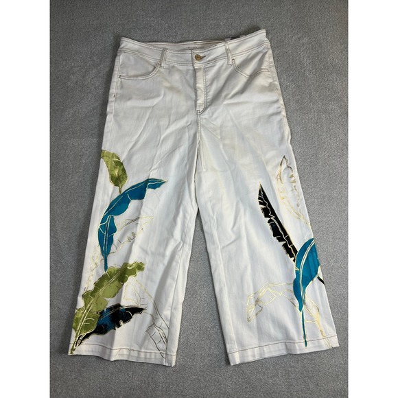 Chicos Size 3 US 16 White‎ Wide Leg Crop Trousers Tropical Leaf Print Cropped - Picture 4 of 12